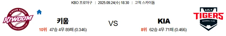9월24일 18:30 키움 KIA 국내야구 스포츠분석 스포츠중계 토토사이트