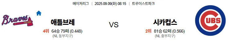 9월9일 08:15 애틀랜타 시카고컵스 MLB 스포츠분석 축알못 토토사이트