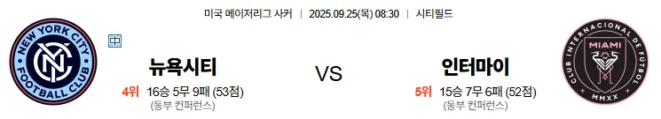 9월25일 08:30 뉴욕시티 인터마이애미 MLB 스포츠분석 스포츠중계 토토사이트