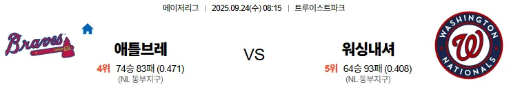 9월24일 08:15 애틀랜타 워싱턴 MLB 스포츠분석 스포츠중계 토토사이트