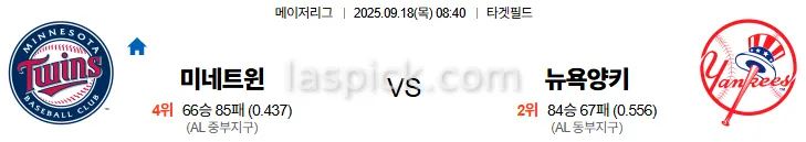 9월18일 08:40 미네소타 뉴욕양키스 MLB 스포츠분석 스포츠중계 토토사이트