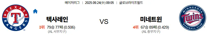 9월24일 09:05 텍사스 미네소타 MLB 스포츠분석 스포츠중계 토토사이트
