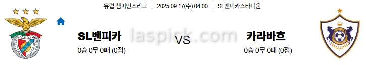 9월17일 04:00 벤피카 카라바흐 UCL 스포츠분석 축알못 토토사이트