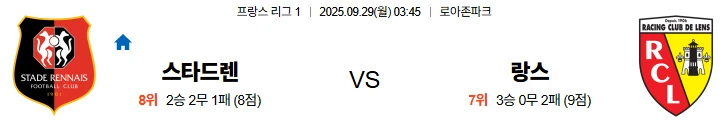 9월29일 03:45 스타드렌 랑스 리그1 스포츠분석,스포츠중계