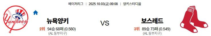 10월3일 09:08 뉴욕양키스 보스턴 MLB 스포츠분석,스포츠중계