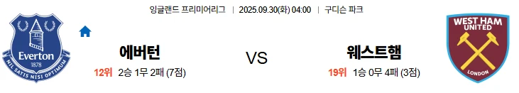 9월30일 04:00 에버턴 웨스트햄 EPL 스포츠분석,스포츠중계