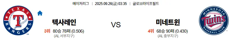 9월26일 03:35 텍사스 미네소타 MLB 스포츠분석,스포츠중계