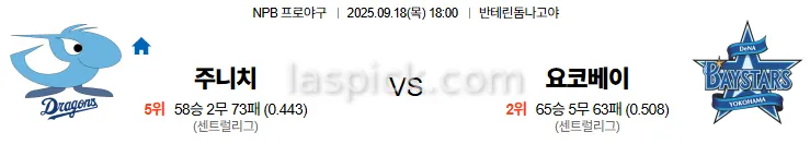 9월18일 18:00 주니치 요코하마 일본야구 스포츠분석 스포츠중계 토토사이트