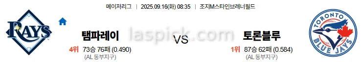 9월16일 08:35 탬파베이 토론토 MLB 스포츠분석 축알못 토토사이트