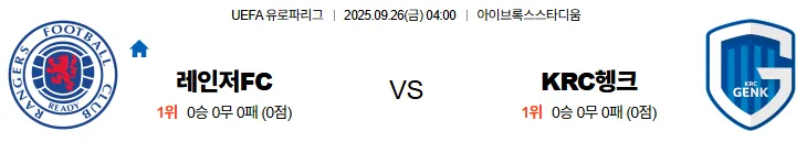 9월26일 04:00 레인저스FC 헹크 UEL 스포츠분석 스포츠중계 토토사이트