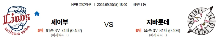 9월29일 18:00 세이부 지바롯데 NPB 스포츠분석,스포츠중계