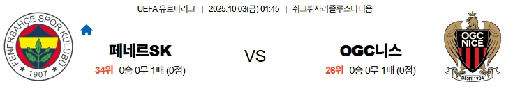 10월3일 01:45 페네르바체 OGC니스 UEL 스포츠분석,스포츠중계