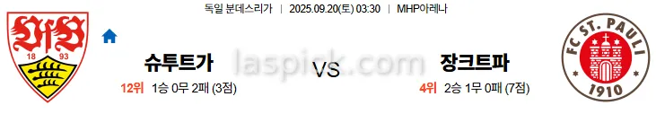 9월20일 03:00 슈투트가르트 장크트파울리 분데스리가 스포츠분석 스포츠중계 토토사이트