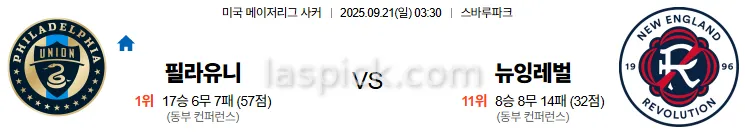 9월21일 03:30 필라델피아 뉴잉글랜드 MLS 스포츠분석 스포츠중계 토토사이트