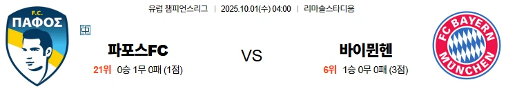 10월1일 04:00 파포스FC 바이에른뮌헨 UCL 스포츠분석,스포츠중계