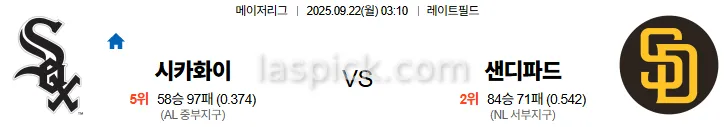 9월22일 03:10 시카고화삭 샌디에이고 MLB 스포츠분석 스포츠중계 토토사이트
