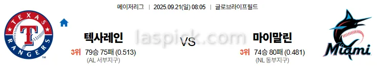 9월21일 08:05 텍사스 마이애미 MLB 스포츠분석 스포츠중계 토토사이트