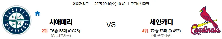9월10일 10:40 시애틀 세인트루이스 MLB 스포츠분석 축알못 토토사이트
