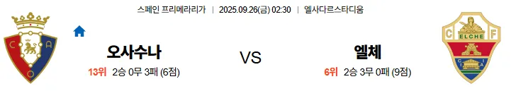 9월26일 02:30 오사수나 엘체 라리가 스포츠분석 스포츠중계 토토사이트