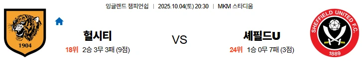 10월4일 20:30 헐시티 셰필드 EFL 스포츠분석,스포츠중계