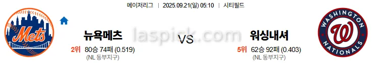 9월21일 05:10 뉴욕메츠 워싱턴 MLB 스포츠분석 스포츠중계 토토사이트