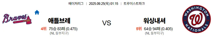 9월25일 01:15 애틀랜타 워싱턴 MLB 스포츠분석 스포츠중계 토토사이트