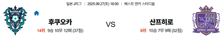 9월27일 18:00 후쿠오카 산프레체히로시마 J리그 스포츠분석,스포츠중계