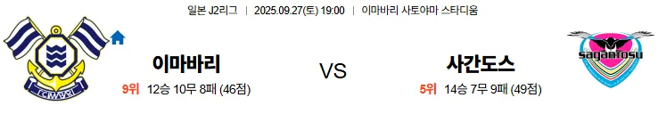 9월27일 19:00 이마바리 사간도스 J리그 스포츠분석,스포츠중계
