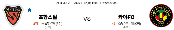 10월2일 19:00 포항스틸러스 카야FC ACL 스포츠분석,스포츠중계