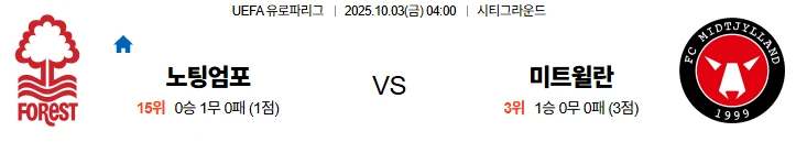 10월3일 04:00 노팅엄 미트윌란 UEL 스포츠분석,스포츠중계