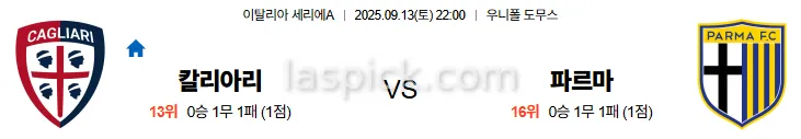 9월13일 22:00 칼리아리 파르마 세리에A 스포츠분석 축알못 토토사이트