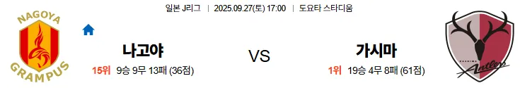 9월27일 17:00 나고야 가시마 J리그 스포츠분석,스포츠중계