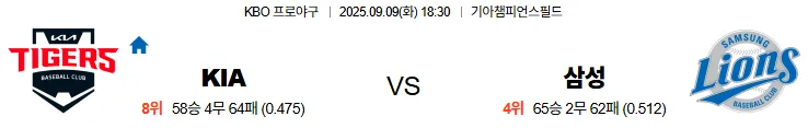 9월9일 18:30 KIA 삼성 KBO 국내야구 스포츠분석 축알못 토토사이트