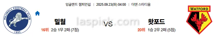 9월23일 04:00 밀월 왓포드 EFL 스포츠분석 스포츠중계 토토사이트