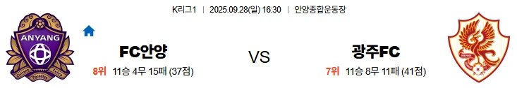9월28일 16:30 FC안양 광주FC K리그 스포츠분석,스포츠중계