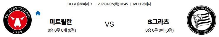 9월25일 01:45 미트윌란 슈투름그라츠 UEL 스포츠분석 스포츠중계 토토사이트