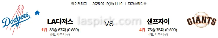 9월19일 11:10 LA다저스 샌프란시스코 MLB 스포츠분석 스포츠중계 토토사이트