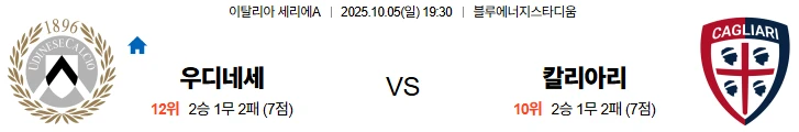 10월5일 19:30 우디네세 칼리아리 세리에A 스포츠분석,스포츠중계