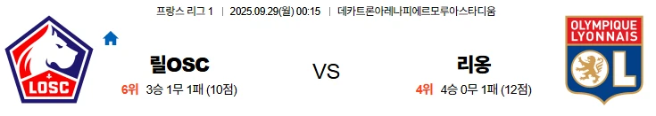 9월29일 00:15 릴OSC 리옹 리그1 스포츠분석,스포츠중계