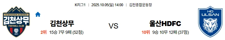 10월5일 14:00 김천상무 울산현대 K리그 스포츠분석,스포츠중계