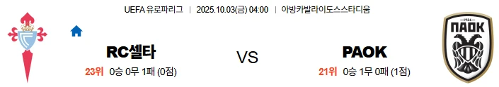 10월3일 04:00 셀타비고 PAOK UEL 스포츠분석,스포츠중계