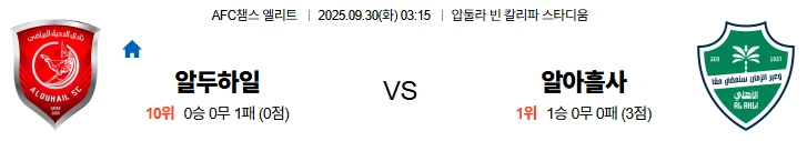 9월30일 03:15 알두하일 알아흘리 ACL 스포츠분석,스포츠중계