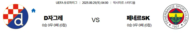 9월25일 04:00 디나모자그레브 페네르바체 UEL 스포츠분석 스포츠중계 토토사이트