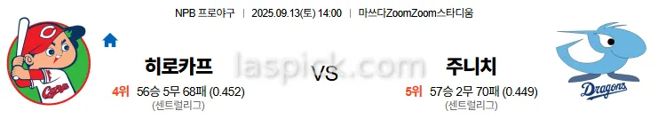 9월13일 14:00 히로시마 주니치 일본야구 스포츠분석 축알못 토토사이트