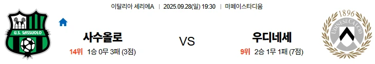 9월28일 19:30 사수올로 우디네세 세리에A 스포츠분석,스포츠중계