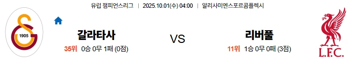 10월1일 04:00 갈라타사라이 리버풀 UCL 스포츠분석,스포츠중계