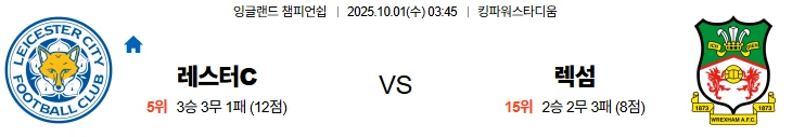 10월1일 03:45 레스터시티 렉섬 EFL 스포츠분석,스포츠중계