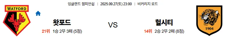 9월27일 23:00 왓포드 헐시티 EFL 스포츠분석,스포츠중계