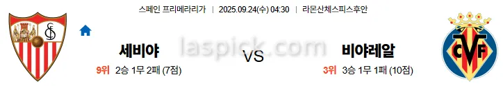 9월24일 04:30 세비야 비야레알 라리가 스포츠분석 스포츠중계 토토사이트