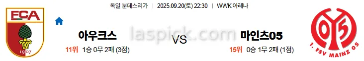 9월20일 22:30 아우크스부르크 마인츠 분데스리가 스포츠분석 스포츠중계 토토사이트